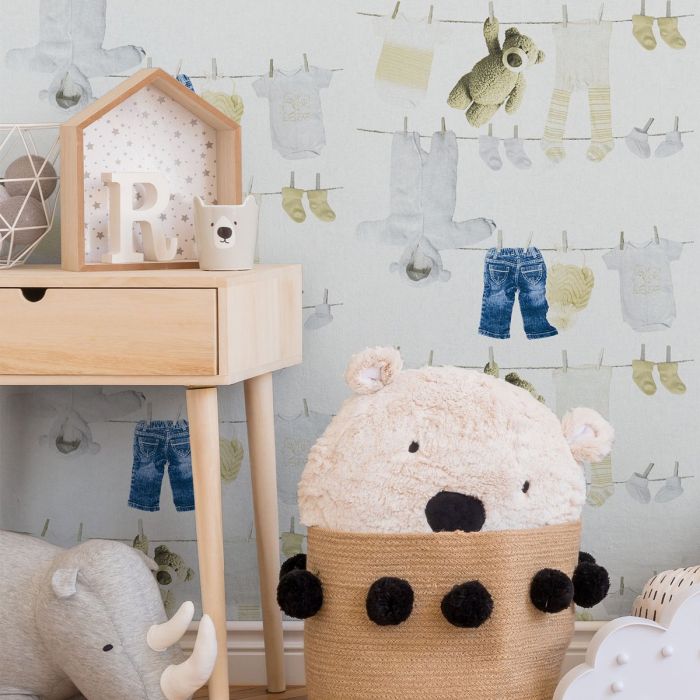 A.S. Création Little Stars Knuffels en Kleertjes Behang - Blauw Creme