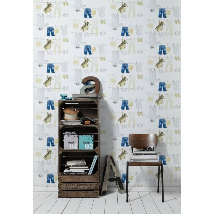 A.S. Création Little Stars Knuffels en Kleertjes Behang - Blauw Creme