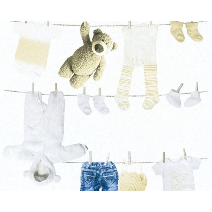 A.S. Création Little Stars Knuffels en Kleertjes Behang - Blauw Creme