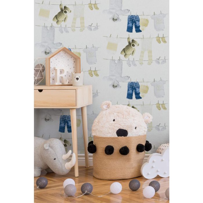 A.S. Création Little Stars Knuffels en Kleertjes Behang - Blauw Creme