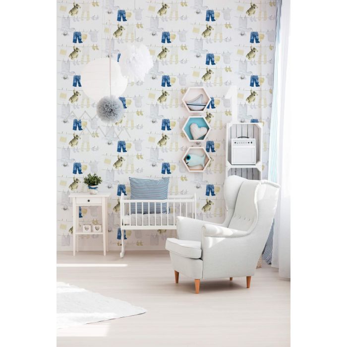 A.S. Création Little Stars Knuffels en Kleertjes Behang - Blauw Creme