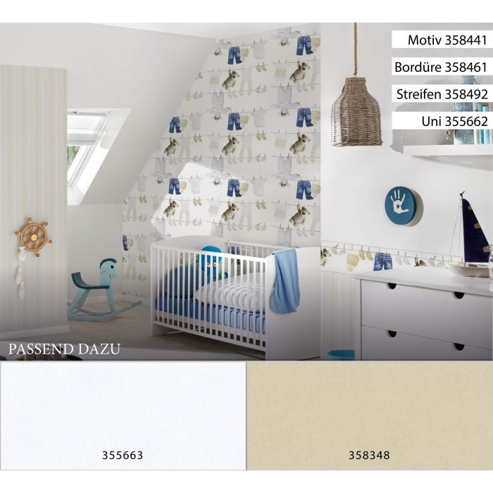 A.S. Création Little Stars Knuffels en Kleertjes Behang - Blauw Creme