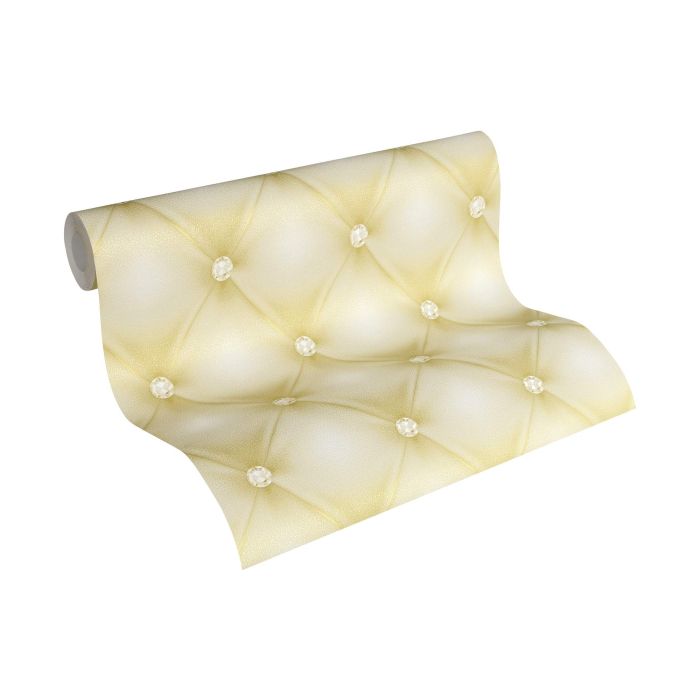 Gecapitonneerd behang met edelstenen - Groen Metallic Wit - AS Creation