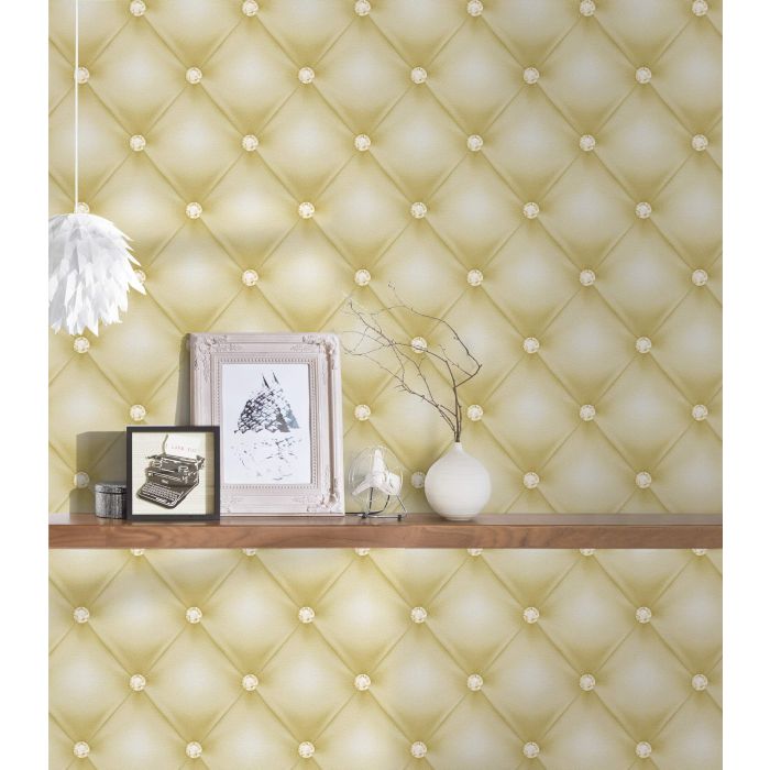 Gecapitonneerd behang met edelstenen - Groen Metallic Wit - AS Creation